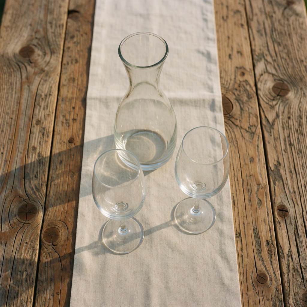 Carafe de vin et deux verres posés sur une table en bois rustique avec une nappe en lin, éclairée par la lumière naturelle.