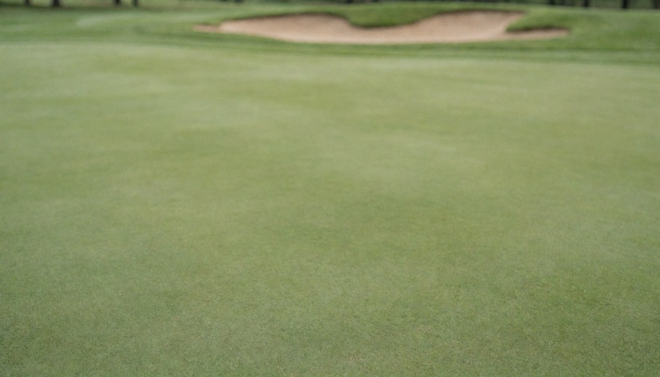 Fond de terrain de golf montrant un bunker de sable, une pelouse verte douce et naturelle, idéal pour intégrer des textes ou des designs graphiques professionnels.