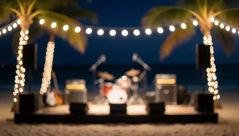 Décor de plage au coucher du soleil avec des lumières de chaîne et un effet bokeh, idéal pour promouvoir des événements nocturnes dans les resorts.
