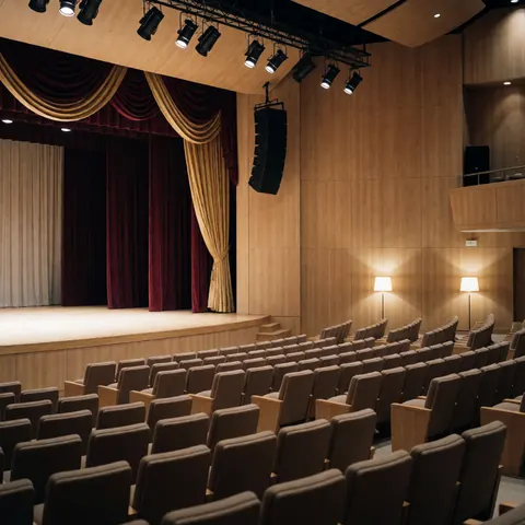 Grande salle de spectacles vide avec sièges alignés, rideaux en velours rouge et doré, et projecteurs sur la scène. Intérieur bois et murs panneaux.