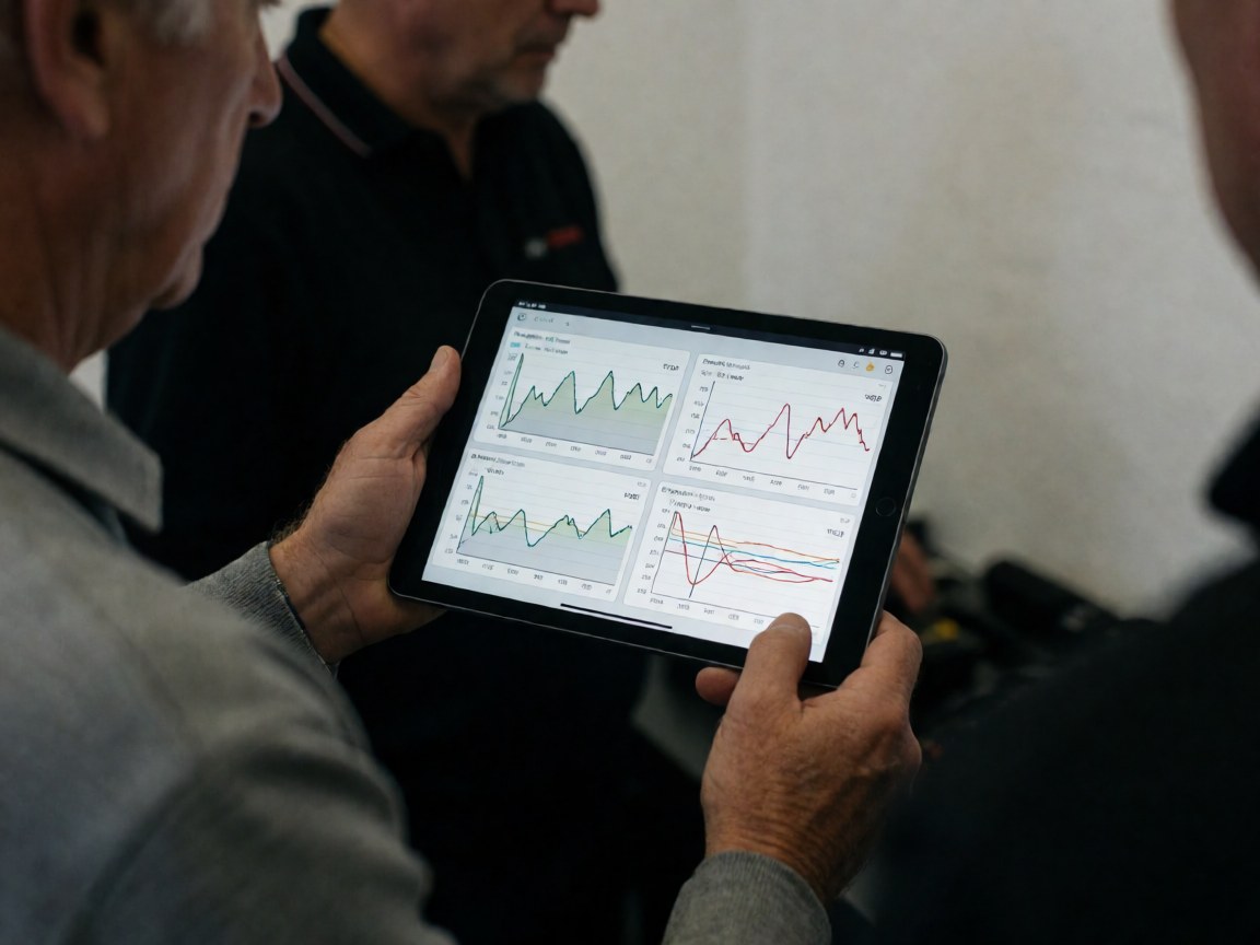 Deux mains tiennent une tablette avec des graphiques de performance dans un contrôle de circuit automobile, fond flou avec murs blancs.
