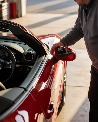 Une cliente ajuste le rétroviseur latéral d'une voiture de sport rouge dans un atelier de service, avec l'intérieur du véhicule visible et une lumière de coucher de soleil.
