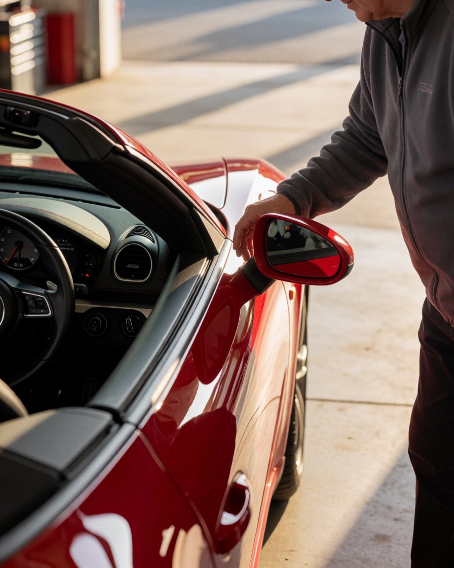Une cliente ajuste le rétroviseur latéral d'une voiture de sport rouge dans un atelier de service, avec l'intérieur du véhicule visible et une lumière de coucher de soleil.