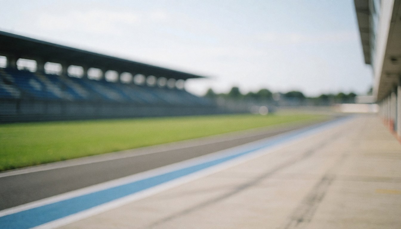 Fond de piste de course avec herbe verte, gradas floues et lignes bleues, idéal pour textes et annonces.