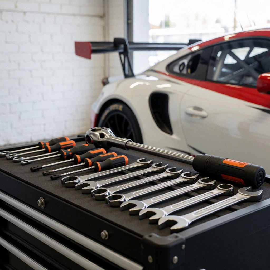 Coffre noir contenant clés et tournevis, voiture GT3 blanche et rouge sur fond de mur blanc.