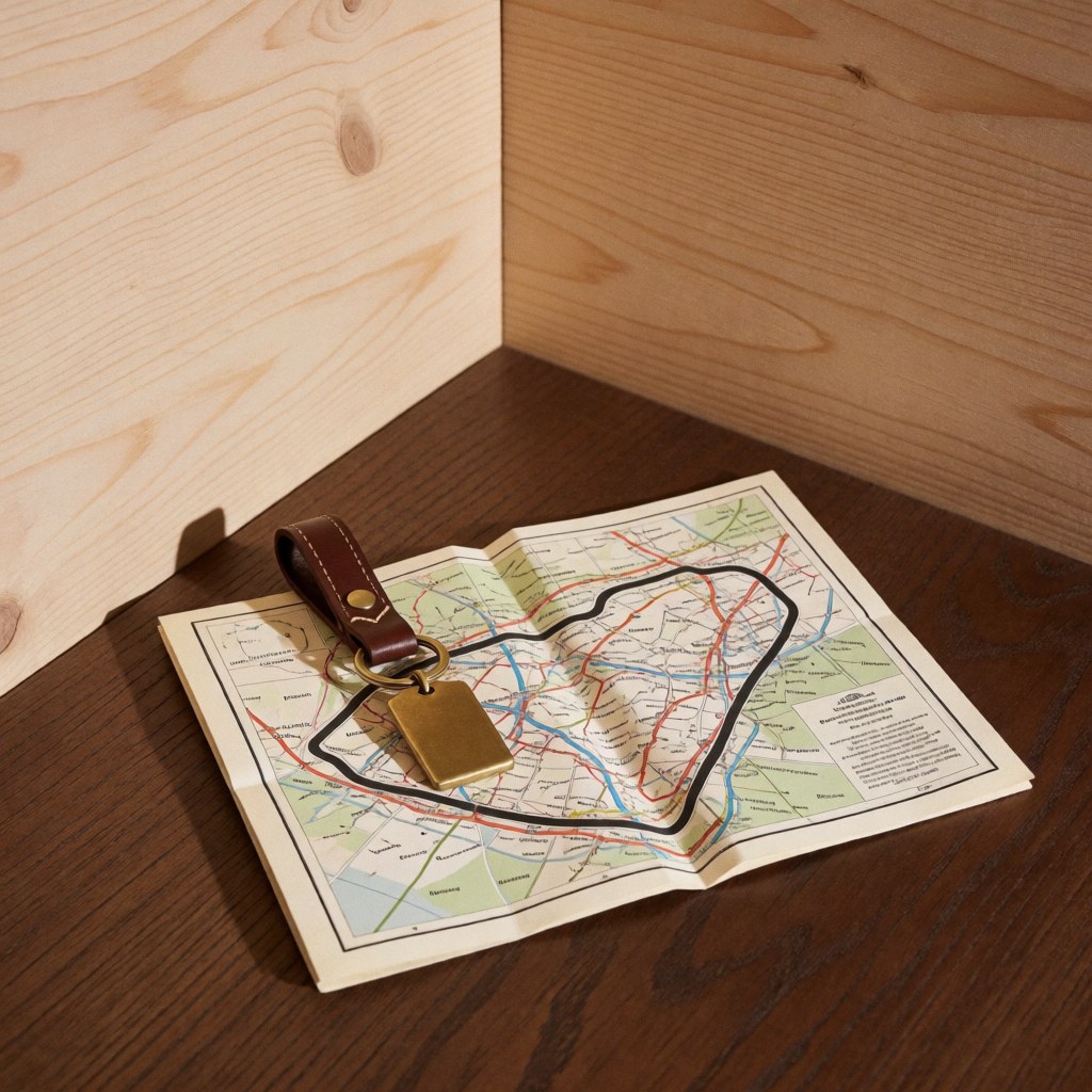 Clé de voiture avec étiquette en bronze et lanière en cuir posée sur une carte de circuit pliée, surface en bois sombre avec murs en bois clair.