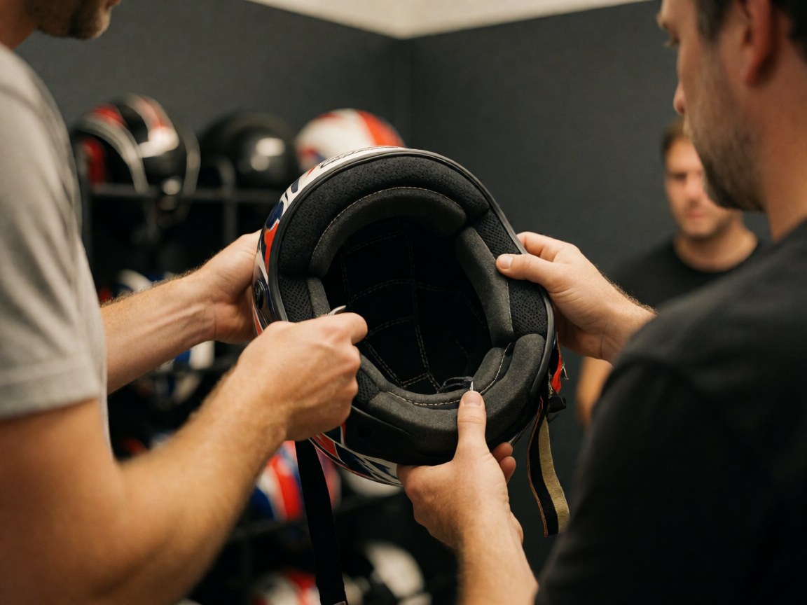 Deux mains ajustent la doublure intérieure d'un casque de course avec des coutures visibles sur fond de casques en étagère, illustrant soin et hygiène.