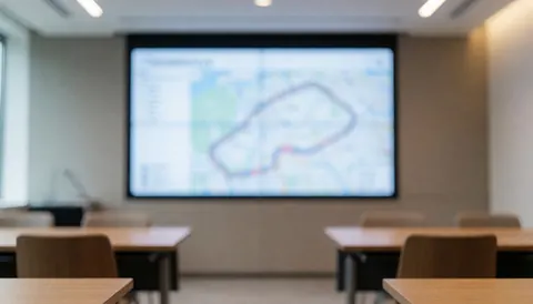 Salle de réunion moderne avec tables en bois, chaises et grand écran affichant une carte de circuit automobile en bleu et blanc pour présentation professionnelle.