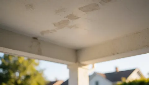 Toit endommagé par l'humidité avec taches visibles sur un mur blanc, éclairage chaud du coucher de soleil, arrière-plan flou pour texte.
