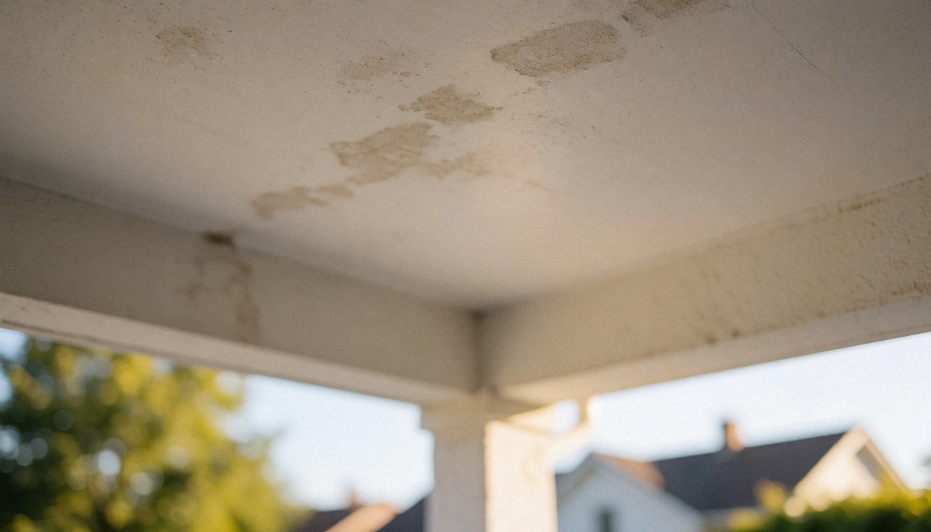 Toit endommagé par l'humidité avec taches visibles sur un mur blanc, éclairage chaud du coucher de soleil, arrière-plan flou pour texte.