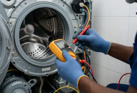 Un technicien en gants utilise un multimètre sur une laveuse ouverte, moteur et courroie visibles, fond de carreaux blancs.