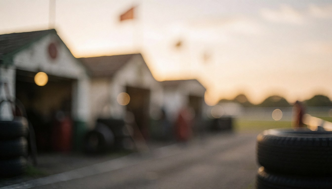 Vue floue d'une voie des stands de circuit avec des pneus empilés, des garages et une lumière dorée au coucher du soleil, servant de fond pour du texte commercial.