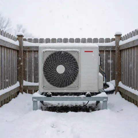 Condenseur de chauffage installé sur une plateforme métallique dans un patio enneigé, entouré d'une clôture en bois par temps hivernal.
