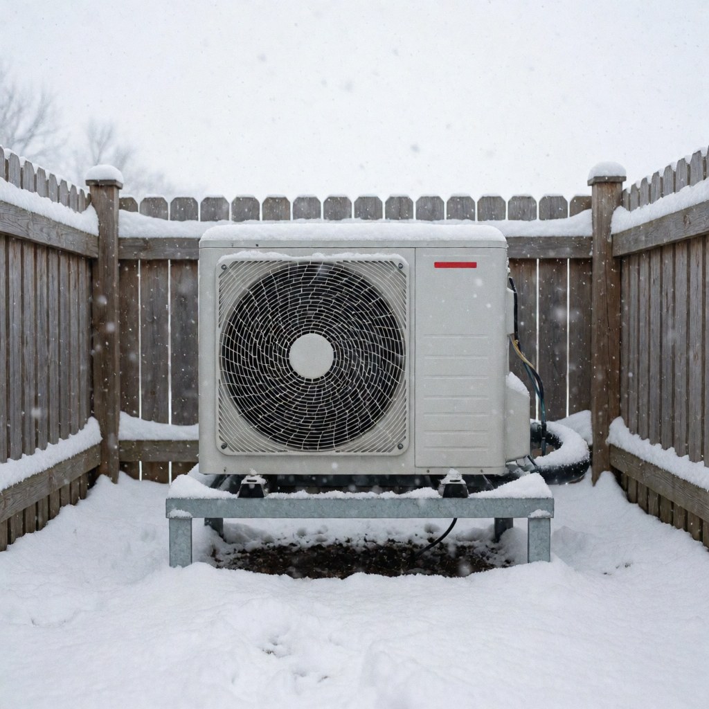 Condenseur de chauffage installé sur une plateforme métallique dans un patio enneigé, entouré d'une clôture en bois par temps hivernal.
