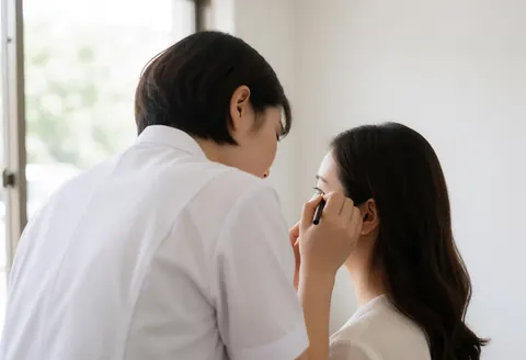 Vue arrière d'une maquilleuse professionnelle appliquant un eye-liner sur les yeux d'une mariée dans un studio lumineux aux murs blancs.