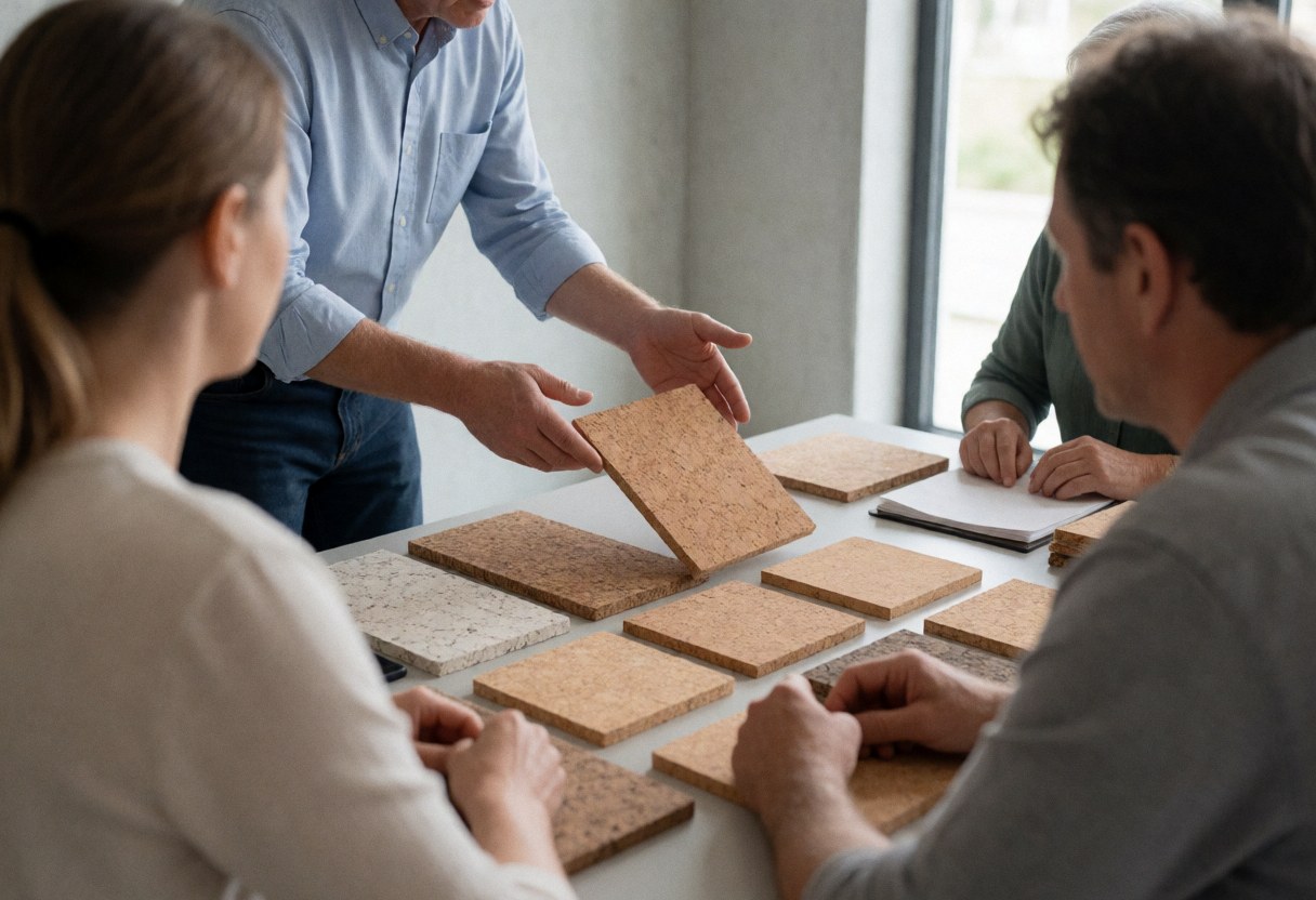Un installateur présente des échantillons de sol en liège à des clients assis à une table pour discuter du projet.