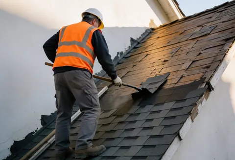 Un professionnel en gilet orange et casque blanc soulève de vieilles tuiles d'un toit incliné, révélant le bois sous-jacent.
