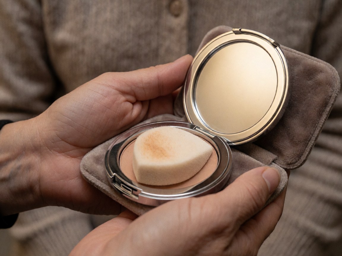 Éponge de maquillage utilisée posée à l'intérieur d'un miroir compact tenu par des mains, idéal pour les professionnels du maquillage.
