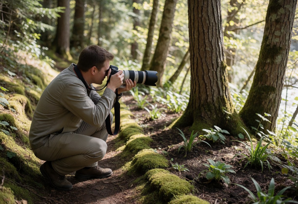 Photographe professionnel utilisant un téléobjectif dans un parc écologique pour capturer la nature environnante parmi les arbres et la mousse.