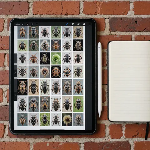 Tablette montrant une galerie de photos macro d'insectes et de plantes, accompagnée d'un stylet et d'un cahin sur un mur de briques rouges.