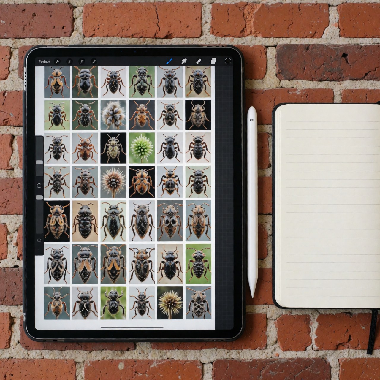 Tablette montrant une galerie de photos macro d'insectes et de plantes, accompagnée d'un stylet et d'un cahin sur un mur de briques rouges.