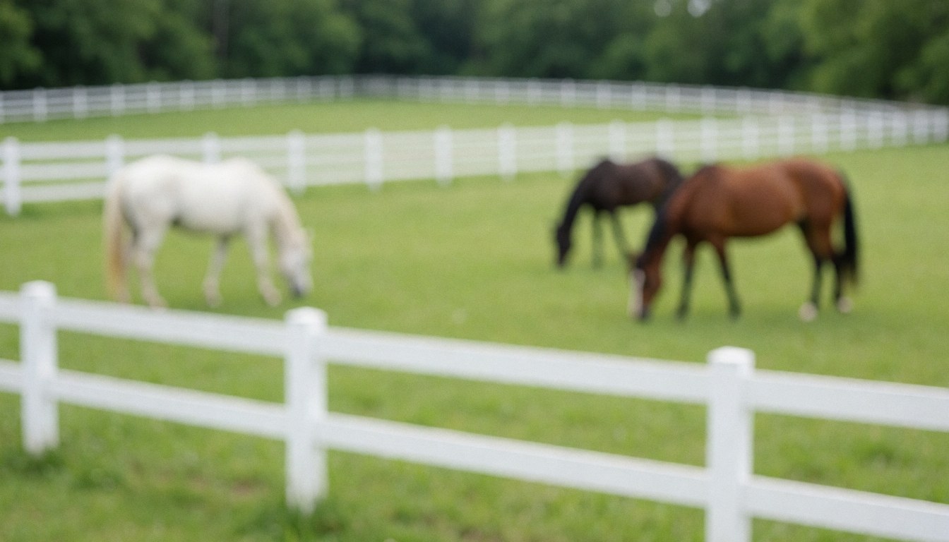 Fond d'herbe verte avec des chevaux qui broutent et des clôtures blanches, idéal pour illustrer les services équestres.