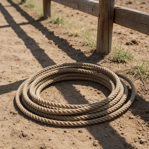 Un lasso en corde de chanvre repose sur un sol de sable près d'une clôture en bois, éclairé par la lumière du soleil dans un cadre rural.