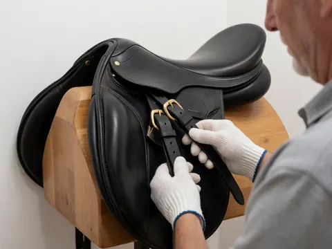 Main gantée ajustant la sangle noire en cuir d'une selle posée sur un bloc de bois, fond blanc et lumière douce, détail d'équipement équestre professionnel.
