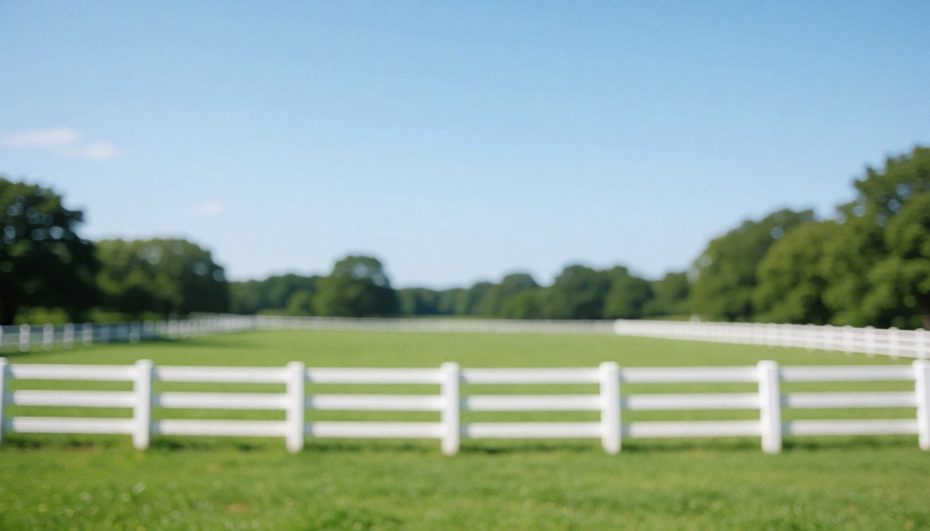 Herbe verte avec des clôtures blanches et un ciel bleu, idéal pour les textes sur la tranquillité rurale et le bien-être animal.