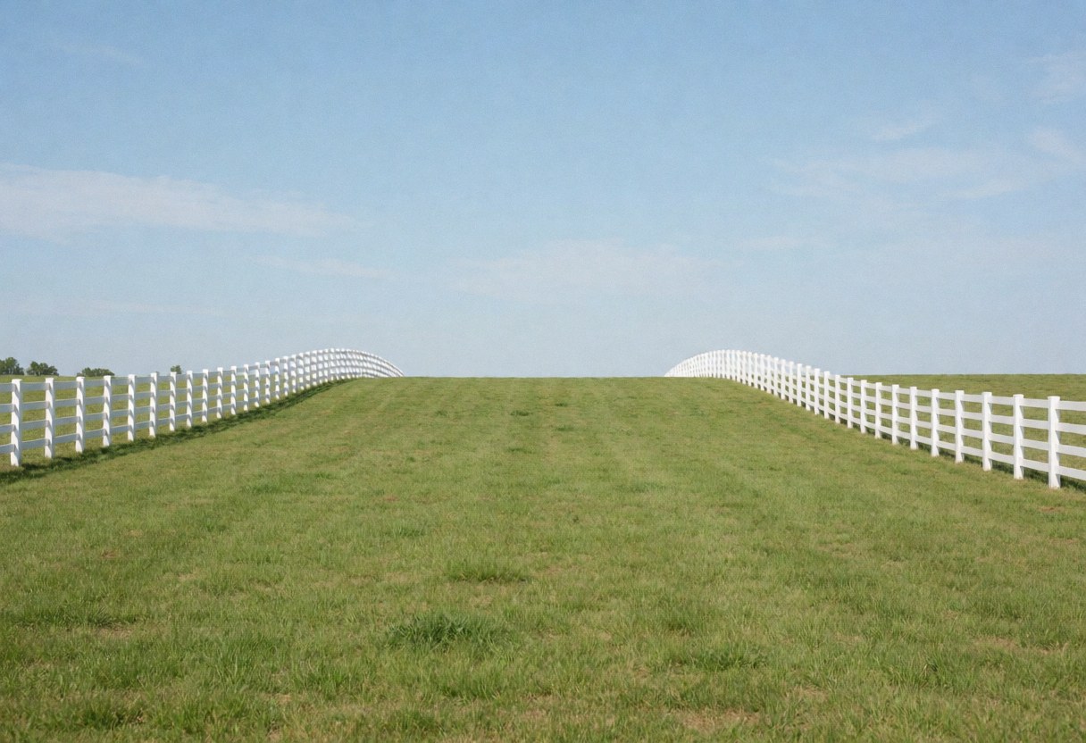 Herbe verte brillante avec des clôtures blanches courbes s'étendant vers l'horizon sous un ciel bleu clair, idéal pour un centre équestre.