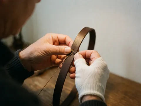 Une main portant un gant blanc effectue une couture sur du cuir marron avec une aiguille, sur un fond en bois et un mur blanc, éclairage chaud et centré.