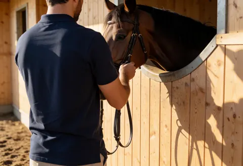 Un soigneur ajuste la bride d'un cheval dans une écurie en bois baignée de lumière naturelle, scène réaliste pour un centre équestre.