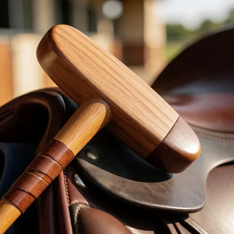 Maillet de polo en bois poli posé sur une selle en cuir, avec des textures naturelles et une lumière chaude de coucher de soleil, fond flou d'écurie.