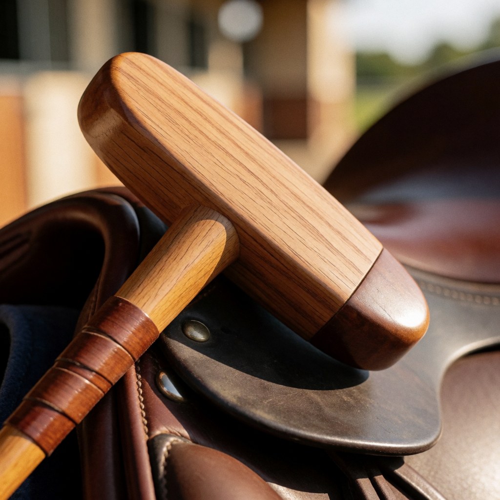 Maillet de polo en bois poli posé sur une selle en cuir, avec des textures naturelles et une lumière chaude de coucher de soleil, fond flou d'écurie.