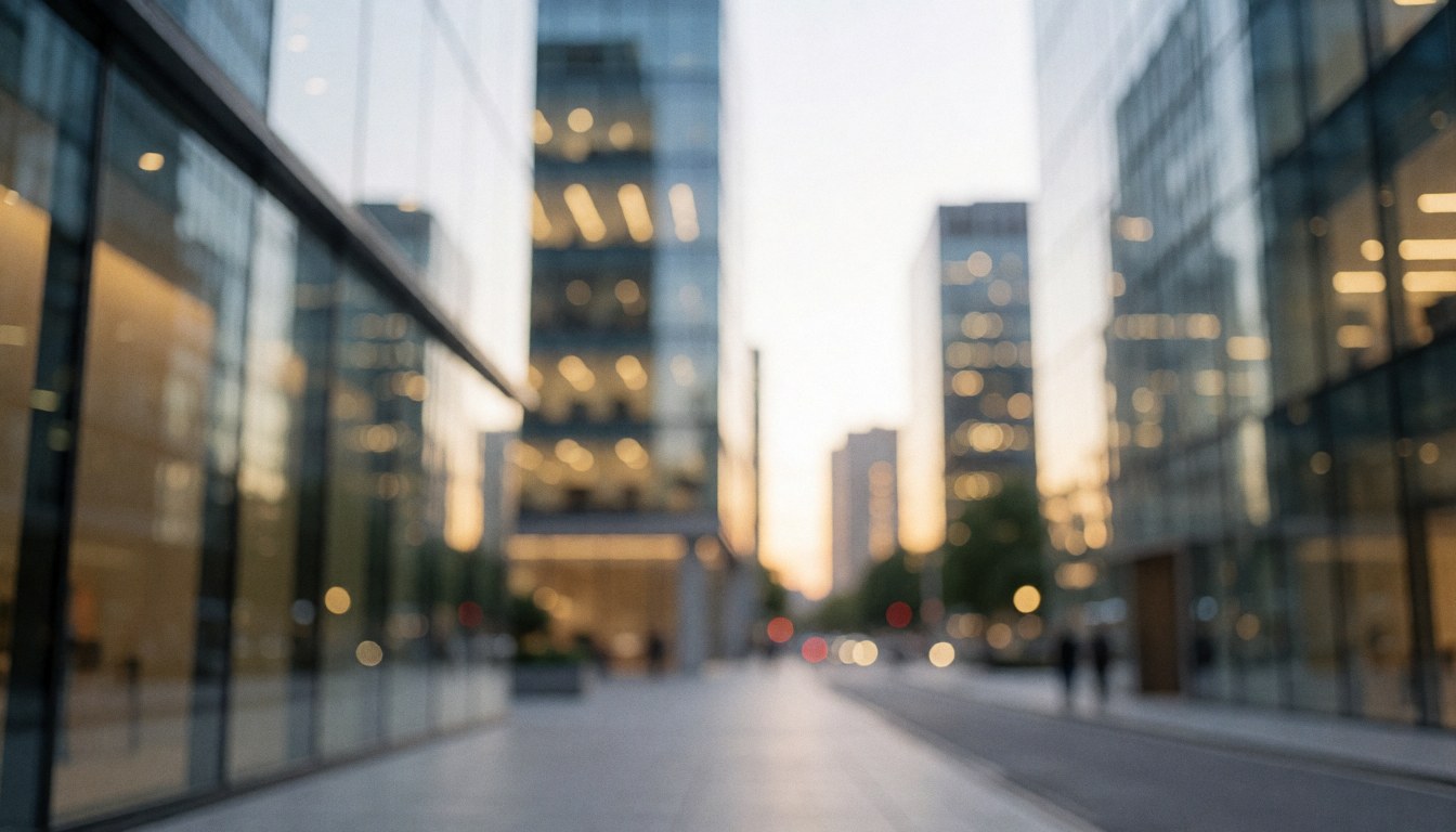Fond urbain avec des immeubles modernes en verre, des lumières chaudes en bokeh, sans personnes, idéal pour des textes commerciaux