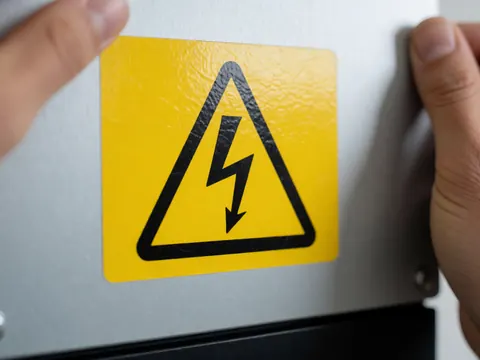 Gros plan montrant des mains appliquant une étiquette jaune avec un symbole de danger électrique sur un onduleur solaire, avec un arrière-plan flou.