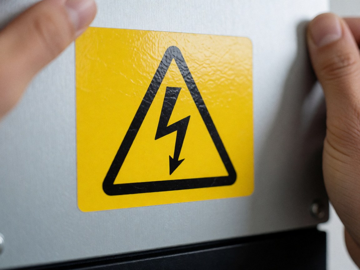 Gros plan montrant des mains appliquant une étiquette jaune avec un symbole de danger électrique sur un onduleur solaire, avec un arrière-plan flou.