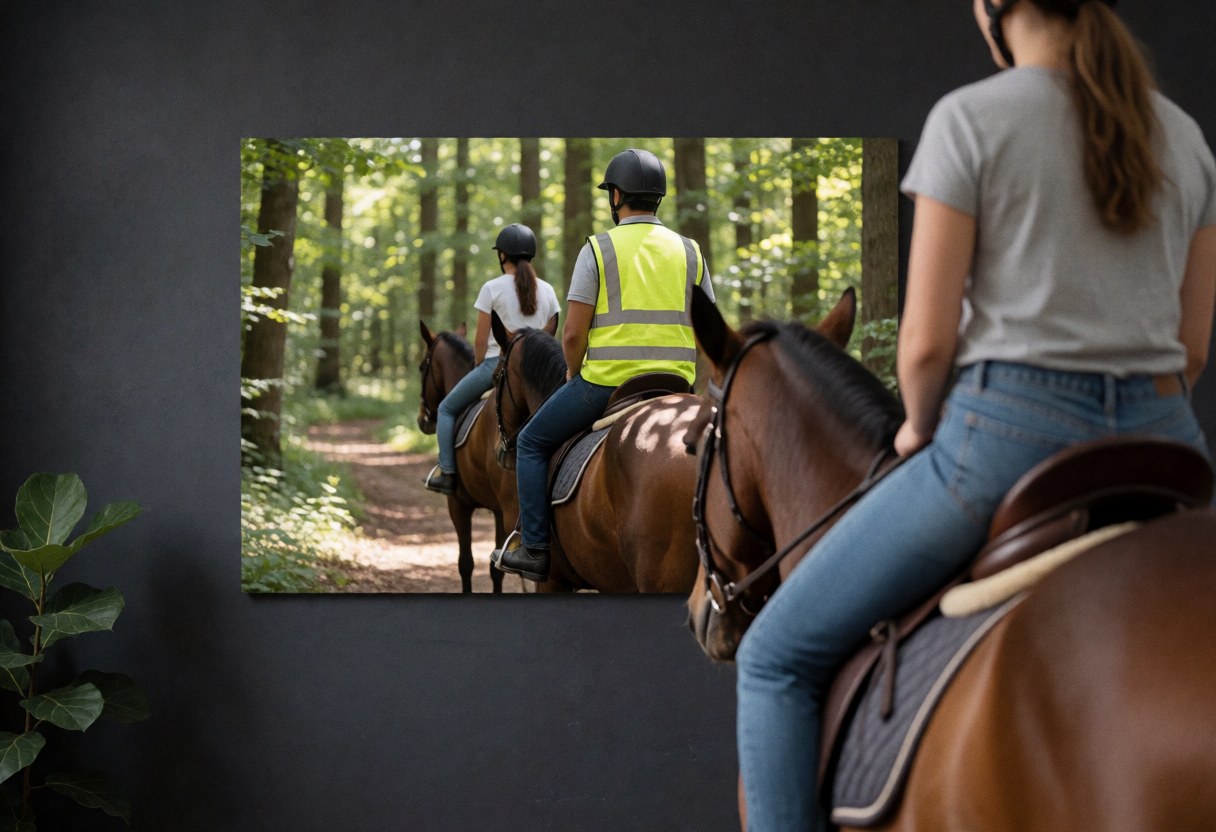 Un moniteur en gilet jaune guide une élève sur un sentier forestier. Les deux sont à cheval, baignés de lumière et d'ombres entre les arbres. Scène réaliste d'un centre équestre en action.