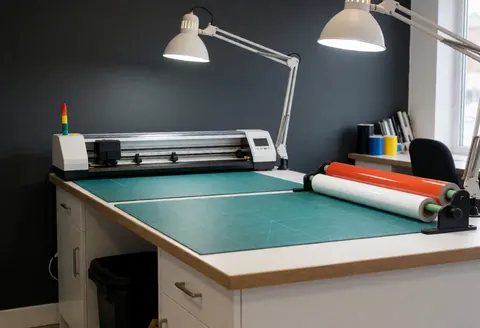 Table de travail équipée d'une machine de découpe de vinyle, entourée de rouleaux de vinyle coloré sur un fond de mur gris anthracite.