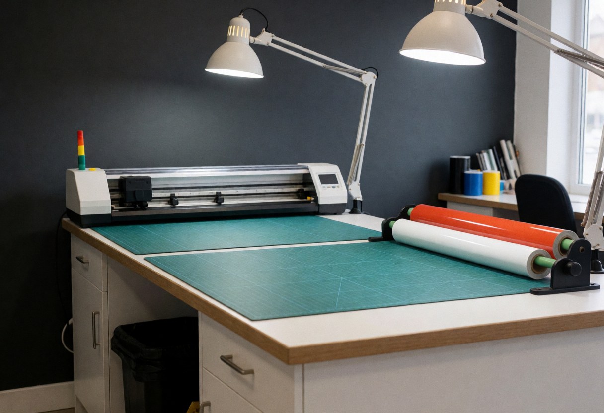 Table de travail équipée d'une machine de découpe de vinyle, entourée de rouleaux de vinyle coloré sur un fond de mur gris anthracite.