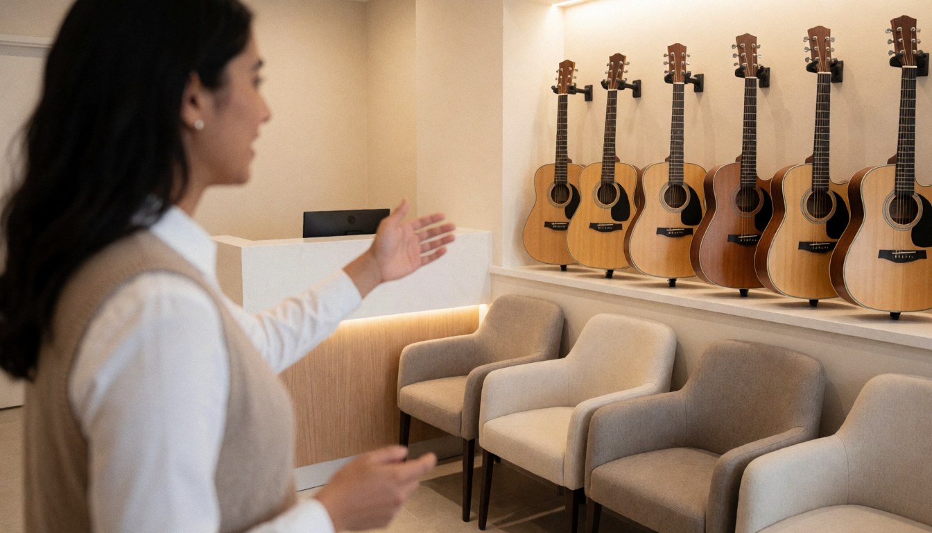 Un professionnel debout à l'accueil d'une académie de musique pointe du doigt plusieurs guitares acoustiques accrochées au mur, avec en arrière-plan des chaises d'attente et un comptoir moderne.