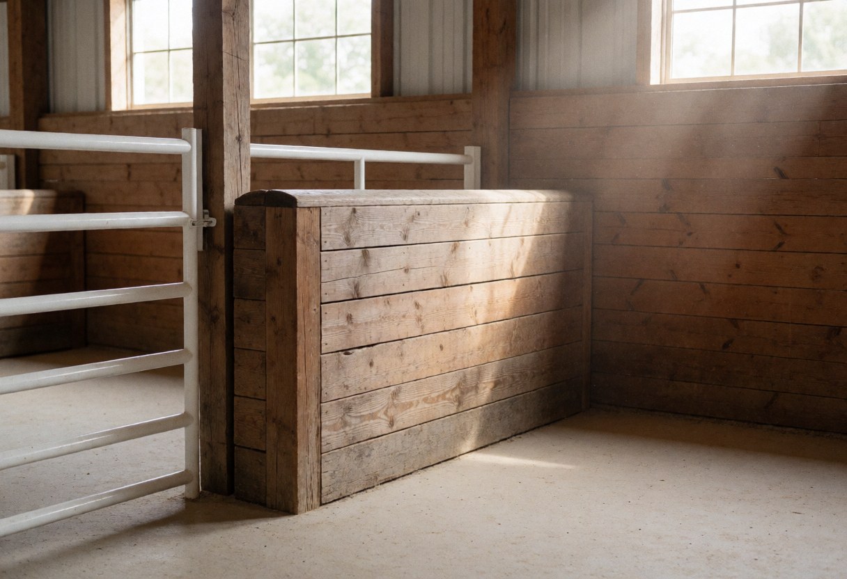 Montant en bois dans une écurie avec lumière naturelle, murs en bois, sol en béton et clôture blanche, scène vide et propre.