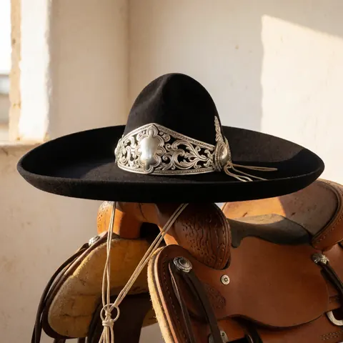 Un chapeau charro noir avec des détails argentés repose sur une selle en cuir marron dans un écurie aux murs crème baignée de lumière solaire.