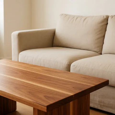 Table en bois massif au grain visible dans un salon moderne avec canapé beige et murs clairs éclairés par la lumière naturelle.