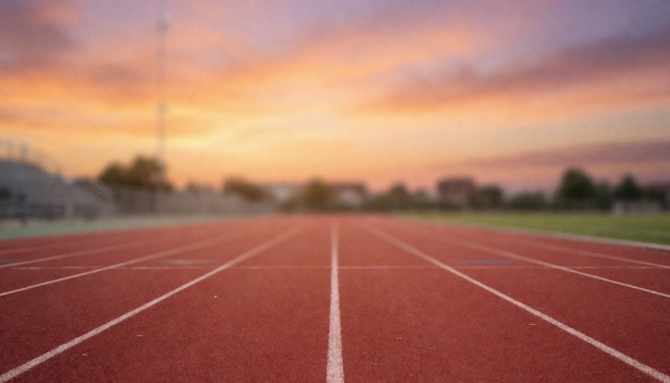 Fond de piste d'athlétisme avec lignes blanches, ciel orange et violet au coucher du soleil, idéal pour textes sur l'entraînement sportif.