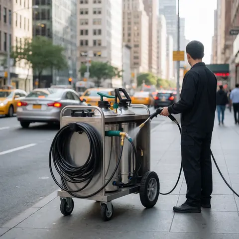 Employé en uniforme sombre utilisant un chariot mobile équipé de réservoirs en acier inoxydable et d'un tuyau pour le lavage de voitures sur un trottoir de ville avec circulation et bâtiments.