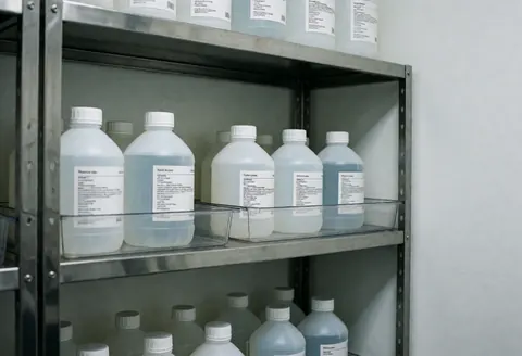 Étagère métallique contenant des bouteilles de produits chimiques pour lavage automobile, étiquettes blanches, fond blanc, éclairage clinique, ordre et sécurité.