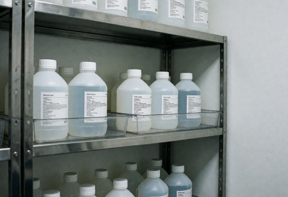 Étagère métallique contenant des bouteilles de produits chimiques pour lavage automobile, étiquettes blanches, fond blanc, éclairage clinique, ordre et sécurité.