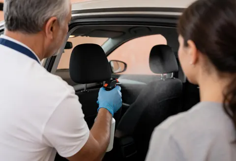 Un professionnel avec des gants bleus pulvérise un produit à l'intérieur d'un véhicule pendant qu'une femme observe le processus de nettoyage.