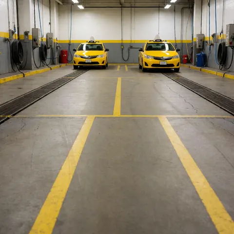 Deux taxis jaunes stationnés dans un lavage industriel avec des lignes au sol, des tuyaux et des murs gris. Idéal pour illustrer les services de nettoyage automobile professionnel.